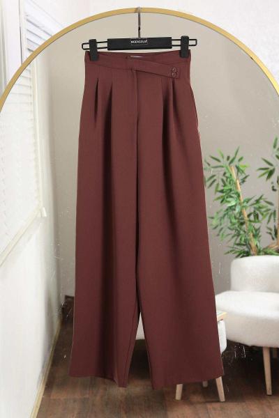 Çift Düğmeli Pileli Bol Paça Dabıl Pantolon Kahve