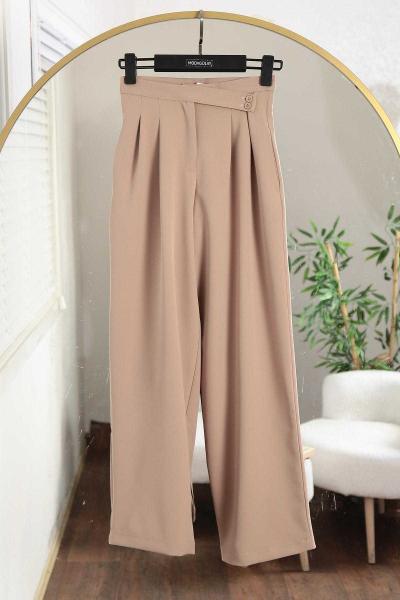 Çift Düğmeli Pileli Bol Paça Dabıl Pantolon Vizon