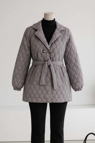 Çift Düğmeli Limon Kapitone Kuşaklı Mont Gri