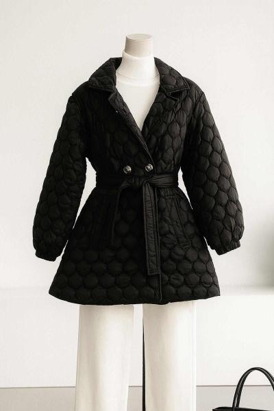 Çift Düğmeli Limon Kapitone Kuşaklı Mont Siyah