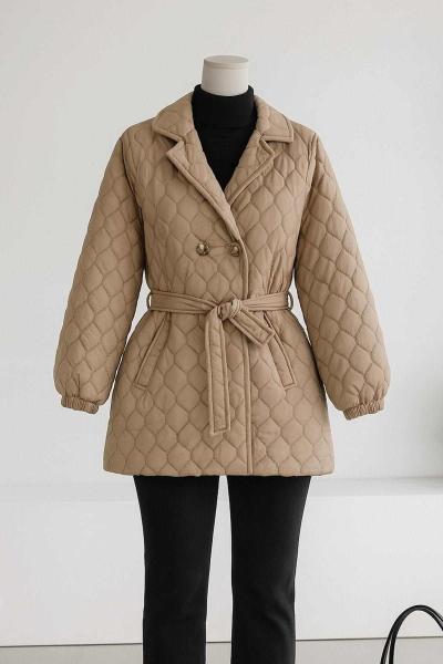 Çift Düğmeli Limon Kapitone Kuşaklı Mont Vizon