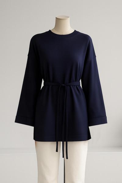 Dikiş Detaylı Yırtmaçlı İnce Bağlamalı Sweat Lacivert