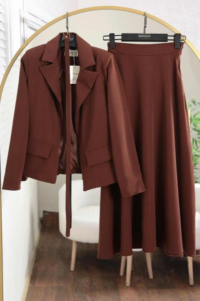 Çift Cepli Kemerli Etekli Dabıl Takım Kahve