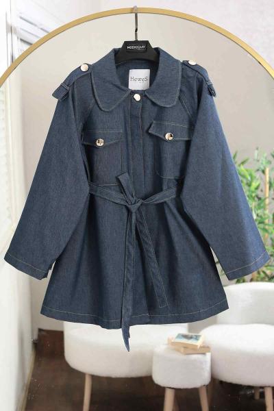 Çift Cepli Apoletli Kot Ceket Koyu Mavi