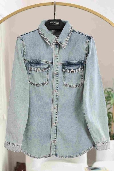 Çıtçıtlı Kot Gömlek Koyu Mavi