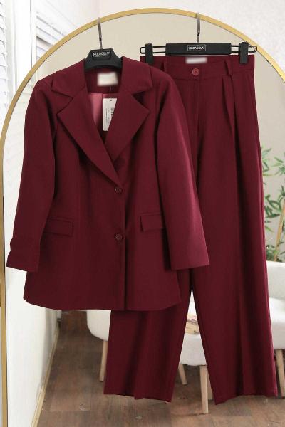 Çift Düğmeli Dabıl Pantolonlu Takım Mürdüm