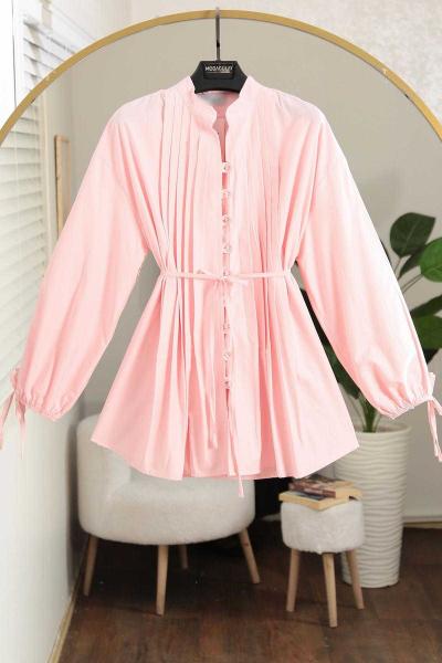 Nervürlü Bağlamalı Poplin Gömlek Pembe