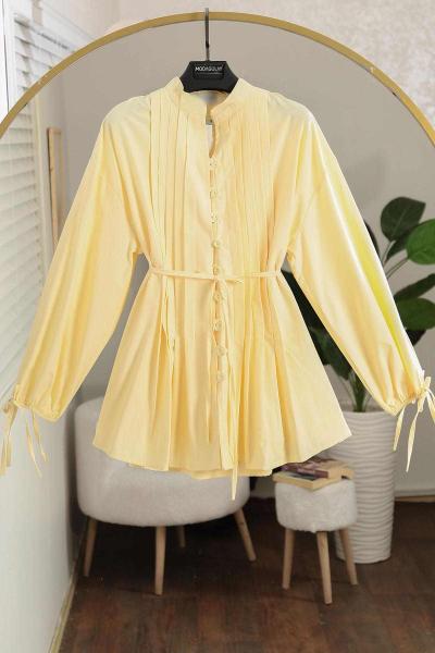 Nervürlü Bağlamalı Poplin Gömlek Sarı