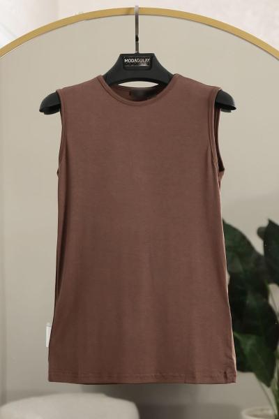 Sıfır Yaka Kolsuz Viskon Bady Kahve