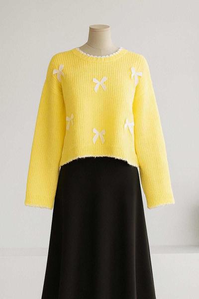 Kurdela Detaylı Kısa Triko Kazak Sarı