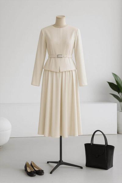 Parçalı Yırtmaç Detay Kemerli Etekli Takım Taş