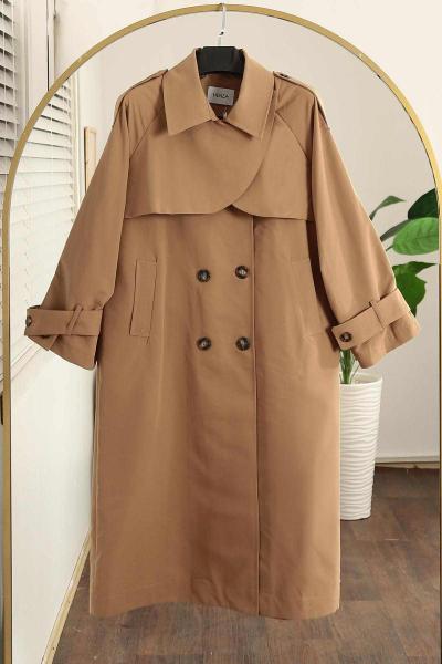 Altı Düğmeli Tokalı Apoletli Oversıze Trençkot Toprak