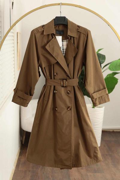 Astarı Burberry Apoletli Tokalı Altı Düğmeli Trençkot Haki