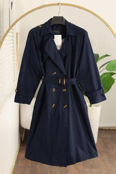 Astarı Burberry Apoletli Tokalı Altı Düğmeli Trençkot Lacivert