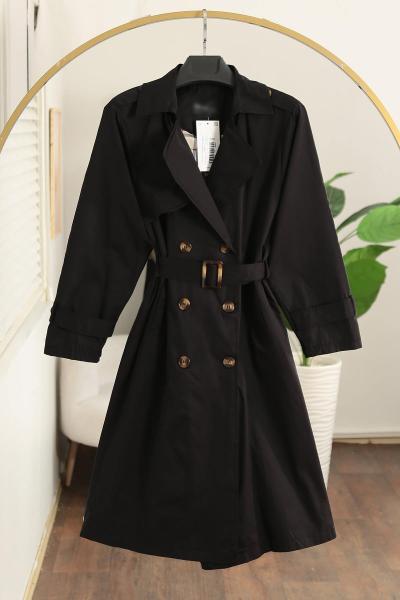 Astarı Burberry Apoletli Tokalı Altı Düğmeli Trençkot Siyah