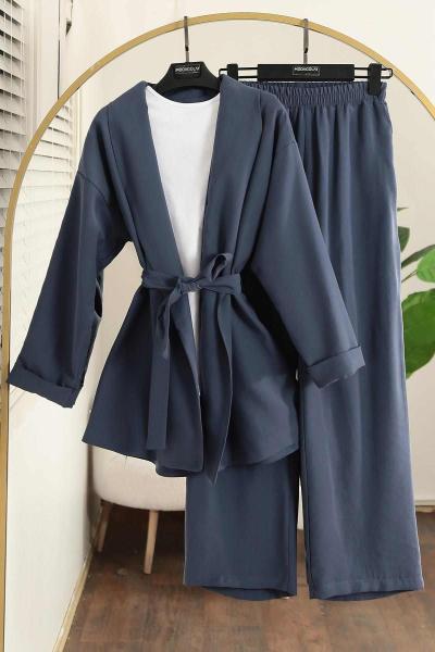 Şal Yaka Kuşaklı Pantolonlu Verev Modal Takım İndigo