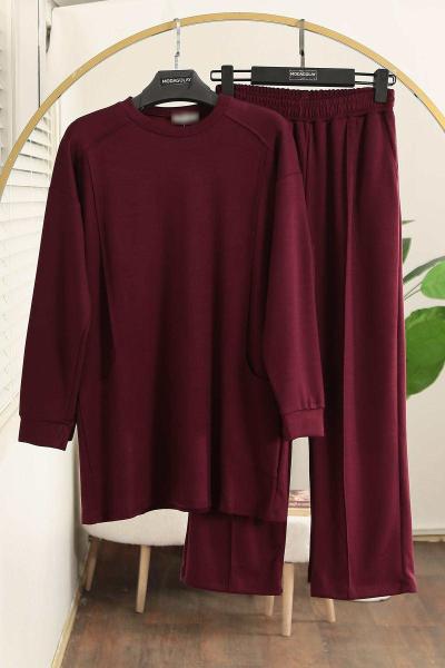 Sıfır Yaka Naturel Dikişli Pantolonlu Aysho Takım Bordo