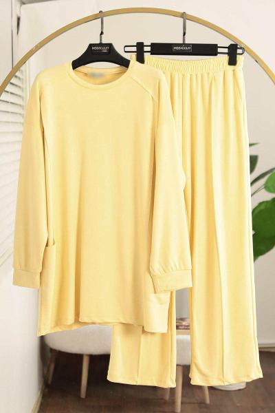 Sıfır Yaka Naturel Dikişli Pantolonlu Aysho Takım Sarı