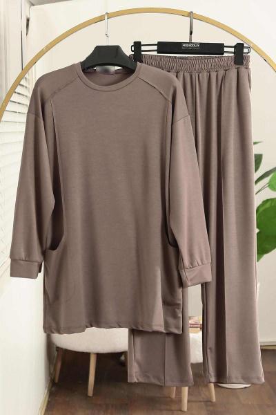 Sıfır Yaka Naturel Dikişli Pantolonlu Aysho Takım Vizon