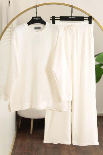 Serpme Taş Detaylı Modal İkiip Pantolonlu Takım Ekru