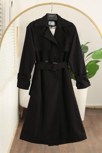 Dört Düğmeli Astarı Ekoseli Tokalı Kuşaklı Trençkot Siyah