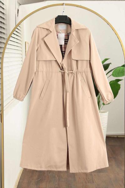 Kuş Gözlü Tünelli Astarı Ekoseli Trençkot Bej