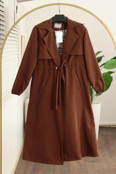 Kuş Gözlü Tünelli Astarı Ekoseli Trençkot Kahve