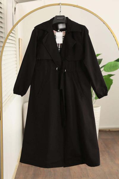 Kuş Gözlü Tünelli Astarı Ekoseli Trençkot Siyah