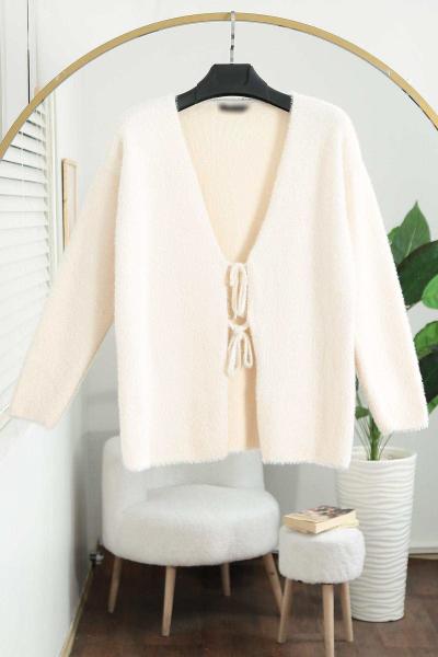 Çift Bağlamalı Yumoş Angora Hırka Krem
