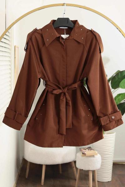 Taş Detaylı Kolu Beli Kuşaklı Trençkot Kahve