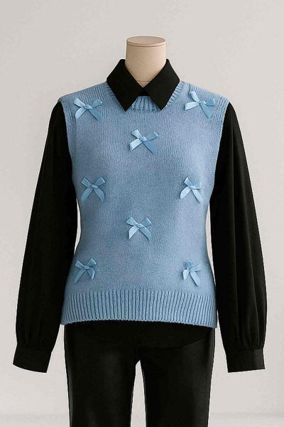 Kurdela Detaylı Triko Süveter Mavi