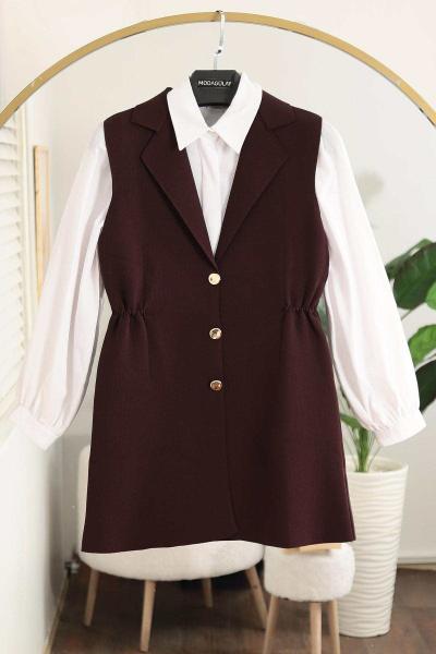 Kruvaze Metal Düğmeli Yanları Büzgülü Yelek Kahve