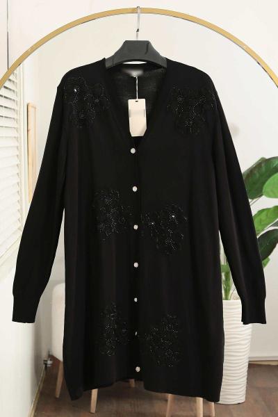 Üçlü Çiçek Nakışlı Triko Hırka Siyah