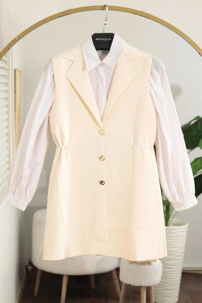 Kruvaze Metal Düğmeli Yanları Büzgülü Yelek Vanilya
