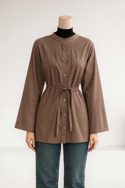 Önü Arkası Dikişli İnce Kuşaklı Oversıze Poplin Gömlek Sütlü Kahve