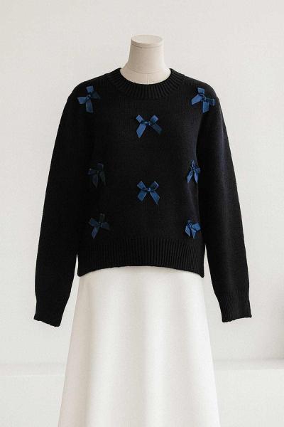 Sıfır Yaka Kurdela Detaylı Triko Kazak Lacivert