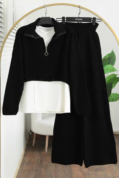 Aura Üçlü Yaka Fermuarlı Pantolonlu Triko Takım Siyah