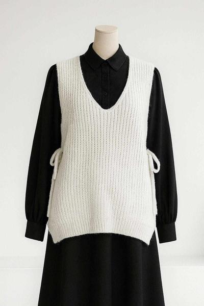 Yanları Bağlamalı Selanik Triko Süveter Kemik