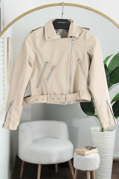 Beli Kemerli Fermuarlı Deri Mont Taş