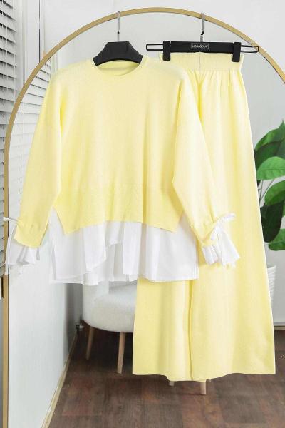 Poplin Garnili Bağlamalı Pantolonlu Triko Takım Sarı