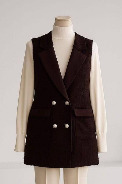 Metal Düğmeli Çift Cepli Buklet Yelek Koyu Kahve