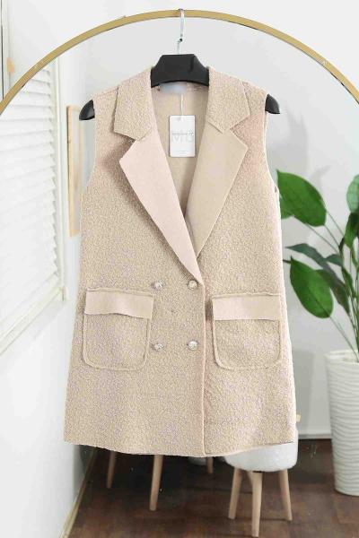 Metal Düğmeli Çift Cepli Buklet Yelek Açık Taş