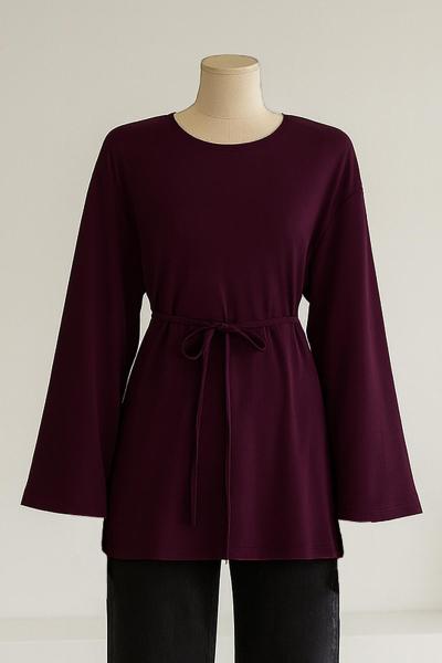 Sıfır Yaka Kuşaklı Bol Kollu Viskon Tunik Mürdüm