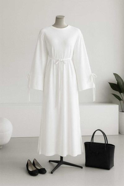 Kolları Bağlamalı İnce Kuşaklı Modal İkiip Elbise Ekru