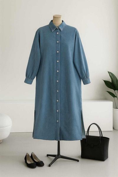 Yırtmaçlı Metal Düğmeli Kot Elbise Mavi