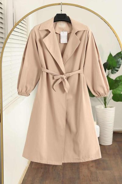 Kol Uçları Lastikli Kuşaklı Trençkot Bej