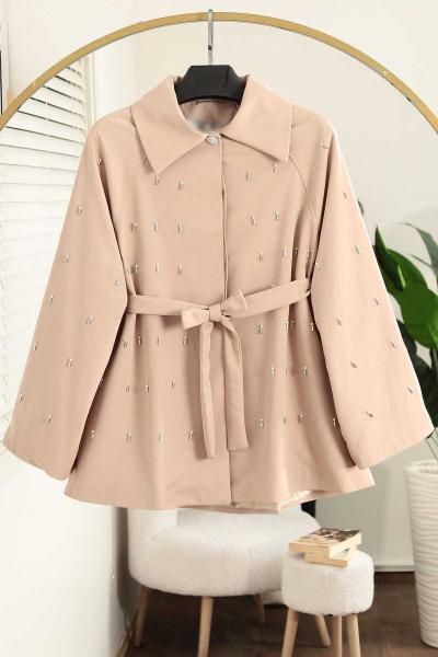 Oversıze İnci Taş Detaylı Kuşaklı Trençkot Bej