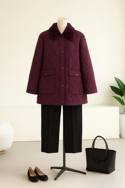 Yaka Kürklü Limon Desen Şişme Mont Bordo