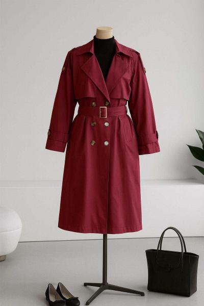 Apoletli Tokalı Altı Düğmeli Parçalı Trençkot Bordo