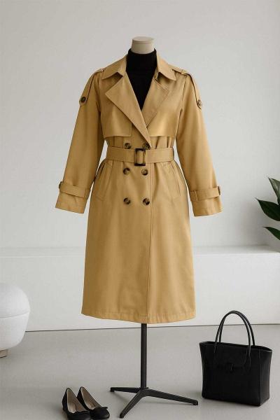 Apoletli Tokalı Altı Düğmeli Parçalı Trençkot Camel